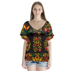 Hohloma Ornament V-neck Flutter Sleeve Top by goljakoff