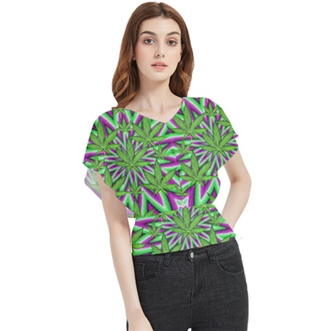 Purple, White, Green, Marijuana, Leaves, Cbdoilprincess  5de76707-e767-40d0-a70d-e7c36407f0a3 Butterfly Chiffon Blouse by CBDOilPrincess1