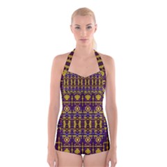 Fancy Ornate Pattern Mosaic Print Boyleg Halter Swimsuit  by dflcprintsclothing