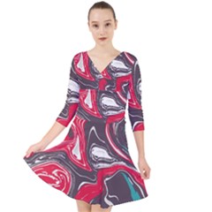 Red Vivid Marble Pattern 3 Quarter Sleeve Front Wrap Dress by goljakoff