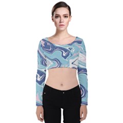 Blue Vivid Marble Pattern Velvet Long Sleeve Crop Top by goljakoff