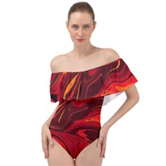 Red Vivid Marble Pattern 15 Off Shoulder Velour Bodysuit  by goljakoff