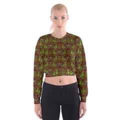 Rainbow Heavy Metal Artificial Leather Lady Among Spring Flowers Cropped Sweatshirt by pepitasart