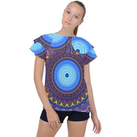 Blue Violet Midnight Sun Mandala Hippie Trippy Psychedelic Kaleidoscope  Ruffle Collar Chiffon Blouse by CrypticFragmentsDesign