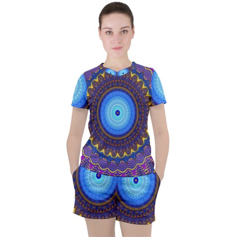 Blue Violet Midnight Sun Mandala Hippie Trippy Psychedelic Kaleidoscope  Women s Tee And Shorts Set by CrypticFragmentsDesign