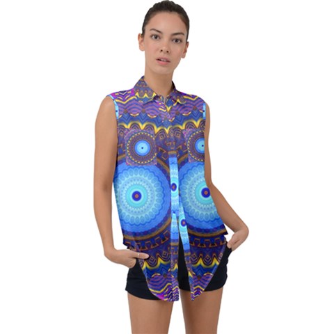 Blue Violet Midnight Sun Mandala Hippie Trippy Psychedelic Kaleidoscope  Sleeveless Chiffon Button Shirt by CrypticFragmentsDesign