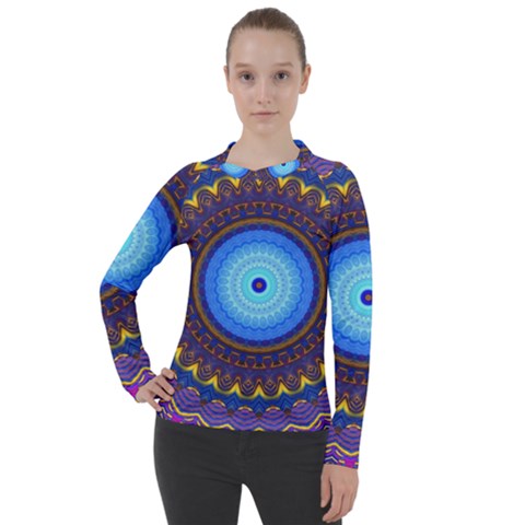 Blue Violet Midnight Sun Mandala Hippie Trippy Psychedelic Kaleidoscope  Women s Pique Long Sleeve Tee by CrypticFragmentsDesign