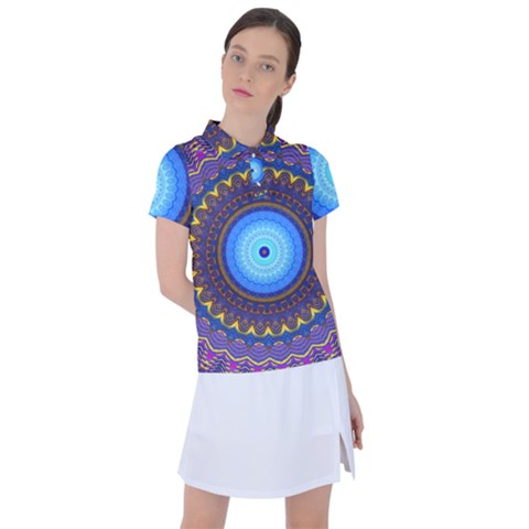 Blue Violet Midnight Sun Mandala Hippie Trippy Psychedelic Kaleidoscope  Women s Polo Tee by CrypticFragmentsDesign