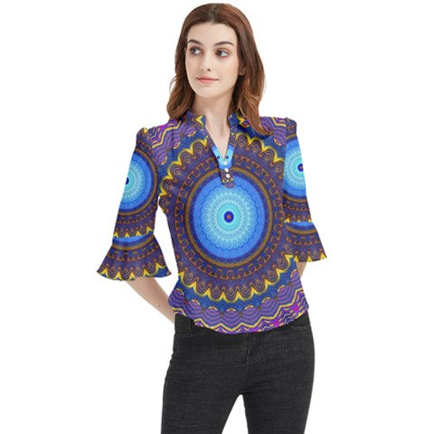 Blue Violet Midnight Sun Mandala Hippie Trippy Psychedelic Kaleidoscope  Loose Horn Sleeve Chiffon Blouse by CrypticFragmentsDesign