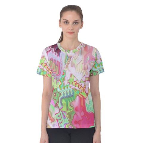 Boho Hippie Trippy Psychedelic Abstract Hot Pink Lime Green Women s Cotton Tee by CrypticFragmentsDesign