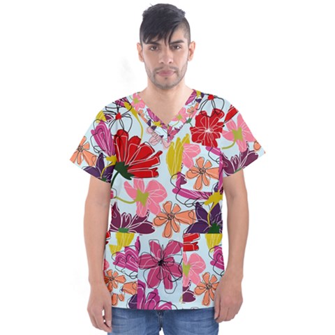 Flower Pattern Men s V-neck Scrub Top by Galinka