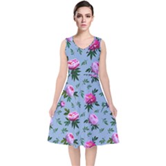 Delicate Peonies V-neck Midi Sleeveless Dress  by SychEva