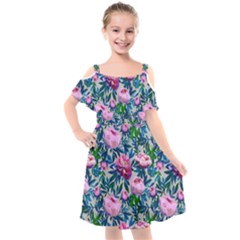 Pink Peonies Watercolor Kids  Cut Out Shoulders Chiffon Dress by SychEva