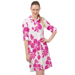 Hibiscus Pattern Pink Long Sleeve Mini Shirt Dress by GrowBasket