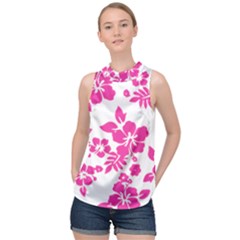 Hibiscus Pattern Pink High Neck Satin Top by GrowBasket