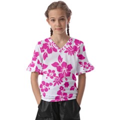 Hibiscus Pattern Pink Kids  V-neck Horn Sleeve Blouse by GrowBasket