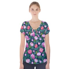 Delicate Watercolor Peony Short Sleeve Front Detail Top by SychEva