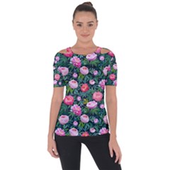 Delicate Watercolor Peony Shoulder Cut Out Short Sleeve Top by SychEva