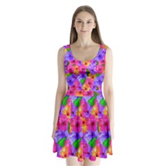 Watercolor Flowers  Multi-colored Bright Flowers Split Back Mini Dress  by SychEva