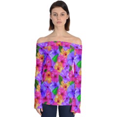 Watercolor Flowers  Multi-colored Bright Flowers Off Shoulder Long Sleeve Top by SychEva