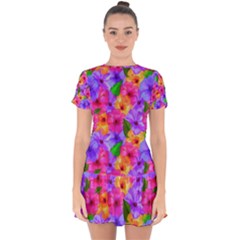 Watercolor Flowers  Multi-colored Bright Flowers Drop Hem Mini Chiffon Dress by SychEva