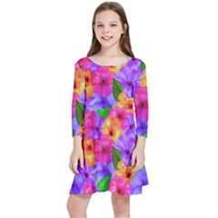 Watercolor Flowers  Multi-colored Bright Flowers Kids  Quarter Sleeve Skater Dress by SychEva