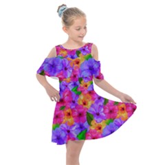 Watercolor Flowers  Multi-colored Bright Flowers Kids  Shoulder Cutout Chiffon Dress by SychEva