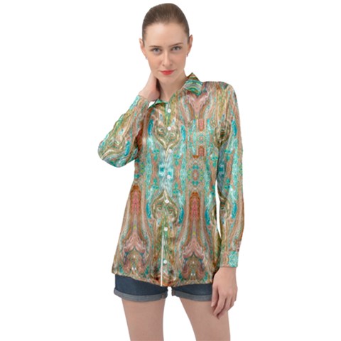 Emerald Marbling Long Sleeve Satin Shirt by kaleidomarblingart