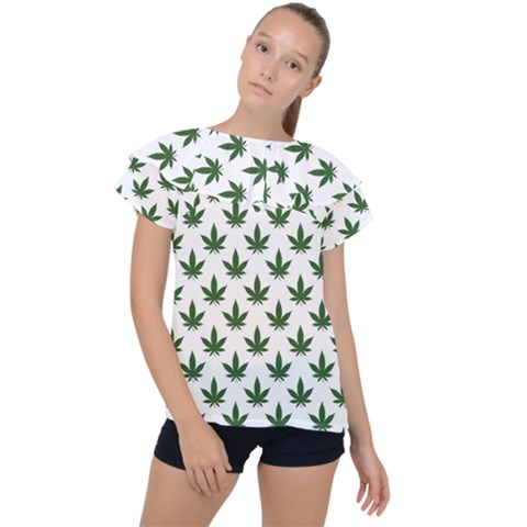 Weed At White, Ganja Leafs Pattern, 420 Hemp Regular Theme Ruffle Collar Chiffon Blouse by Casemiro