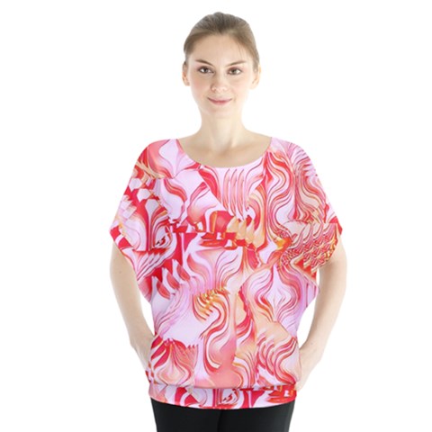 Cherry Blossom Cascades Abstract Floral Pattern Pink White  Batwing Chiffon Blouse by CrypticFragmentsDesign