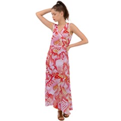 Cherry Blossom Cascades Abstract Floral Pattern Pink White  V-neck Chiffon Maxi Dress by CrypticFragmentsDesign