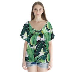 Banana Leaves V-neck Flutter Sleeve Top by goljakoff