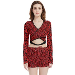 Red And Black Leopard Spots, Animal Fur Velvet Wrap Crop Top And Shorts Set by Casemiro