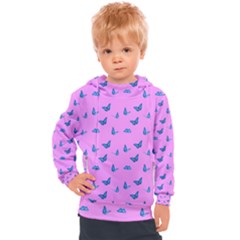 Blue Butterflies At Pastel Pink Color Background Kids  Hooded Pullover by Casemiro