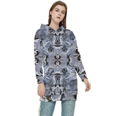 Grey Layers Marbling Women s Long Oversized Pullover Hoodie by kaleidomarblingart