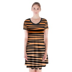 Tiger Stripes, Black And Orange, Asymmetric Lines, Wildlife Pattern Short Sleeve V-neck Flare Dress by Casemiro