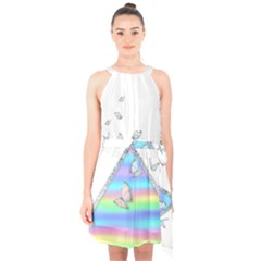 Minimal Holographic Butterflies Halter Collar Waist Tie Chiffon Dress by gloriasanchez