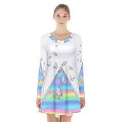 Minimal Holographic Butterflies Long Sleeve Velvet V-neck Dress by gloriasanchez