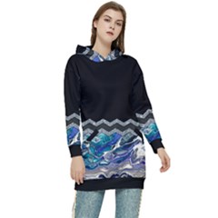 Blue Ocean Minimal Liquid Painting Women s Long Oversized Pullover Hoodie by gloriasanchez