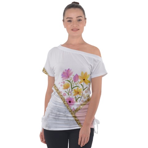 Minimal Peach Gold Floral Marble A Off Shoulder Tie-up Tee by gloriasanchez