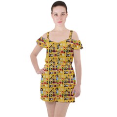 Drawing Collage Yellow Ruffle Cut Out Chiffon Playsuit by snowwhitegirl