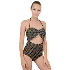 Electric Neon Lines Pattern Design Scallop Top Cut Out Swimsuit by dflcprintsclothing