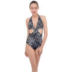 Black And White Modern Abstract Design Halter Front Plunge Swimsuit