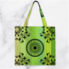 Green Grid Cute Flower Mandala Zipper Grocery Tote Bag by Magicworlddreamarts1