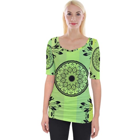 Green Grid Cute Flower Mandala Wide Neckline Tee by Magicworlddreamarts1