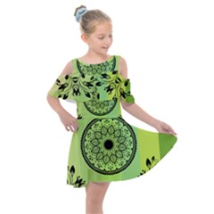 Green Grid Cute Flower Mandala Kids  Shoulder Cutout Chiffon Dress by Magicworlddreamarts1