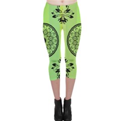 Green Grid Cute Flower Mandala Capri Leggings 