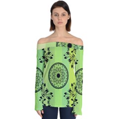 Green Grid Cute Flower Mandala Off Shoulder Long Sleeve Top