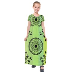 Green Grid Cute Flower Mandala Kids  Short Sleeve Maxi Dress by Magicworlddreamarts1