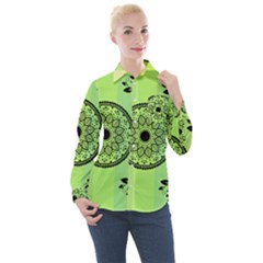 Green Grid Cute Flower Mandala Women s Long Sleeve Pocket Shirt